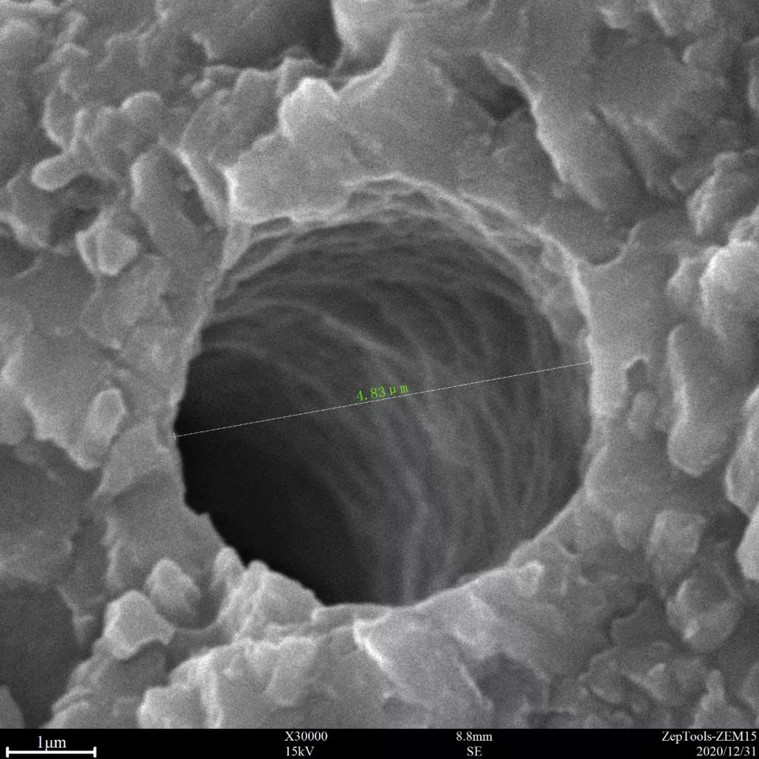 臺式掃描電鏡3萬倍下的孔洞特寫 臺式掃描電鏡3萬倍下的孔洞特寫